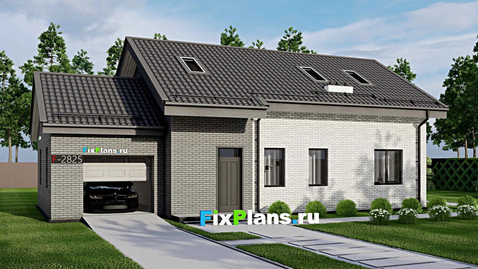 F-2825 - Проект дома с мансардой 9 на 17, площадью 210 м² с террасой, балконом, гаражом на 1 машину и 4 спальнями