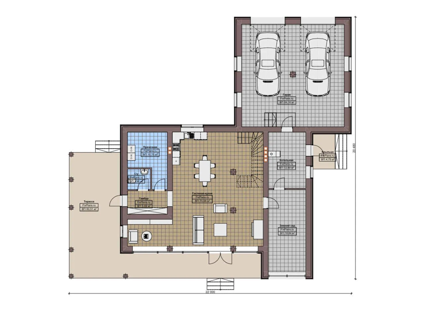 F-3572 - Планы двухэтажного дома 21 на 22, площадью 450 м² с террасой, баней, гаражом на 2 машины и 3 спальнями
