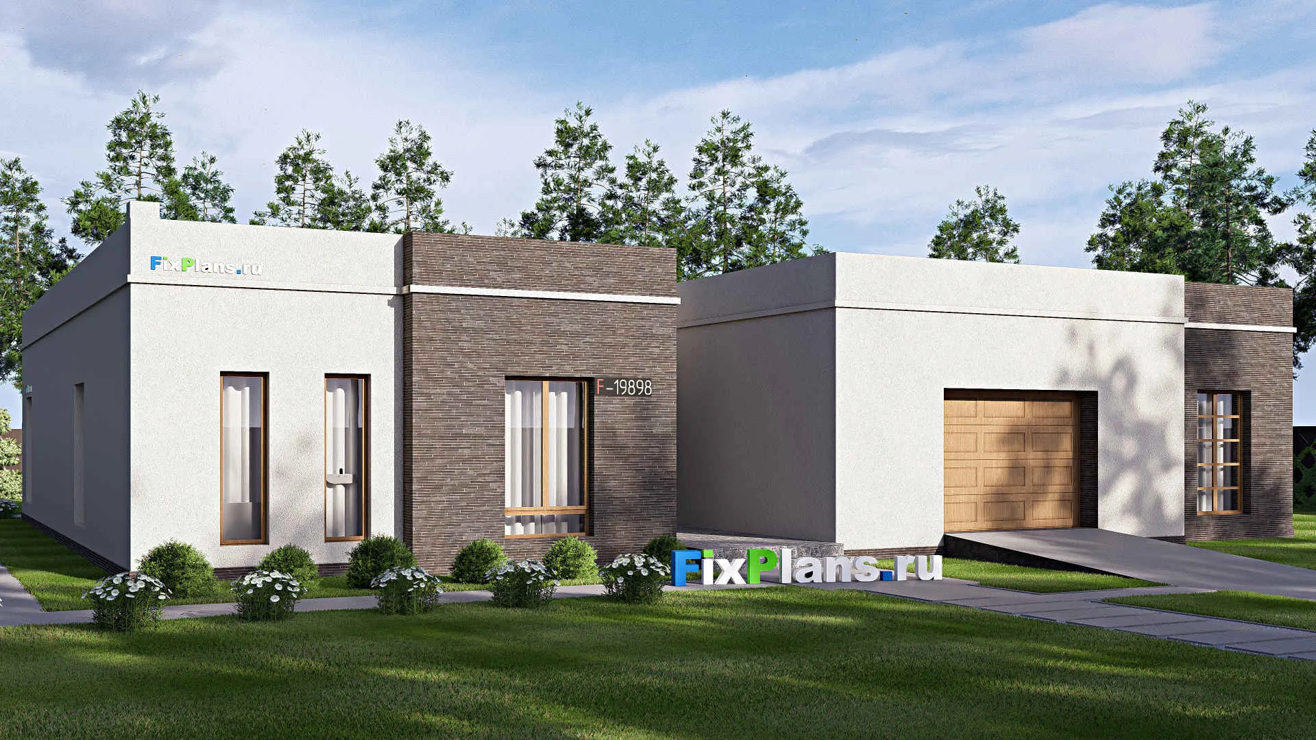 F-19898 - Проект одноэтажного дома 21 на 23, площадью 330 м² с террасой, гаражом на 2 машины и 3 спальнями