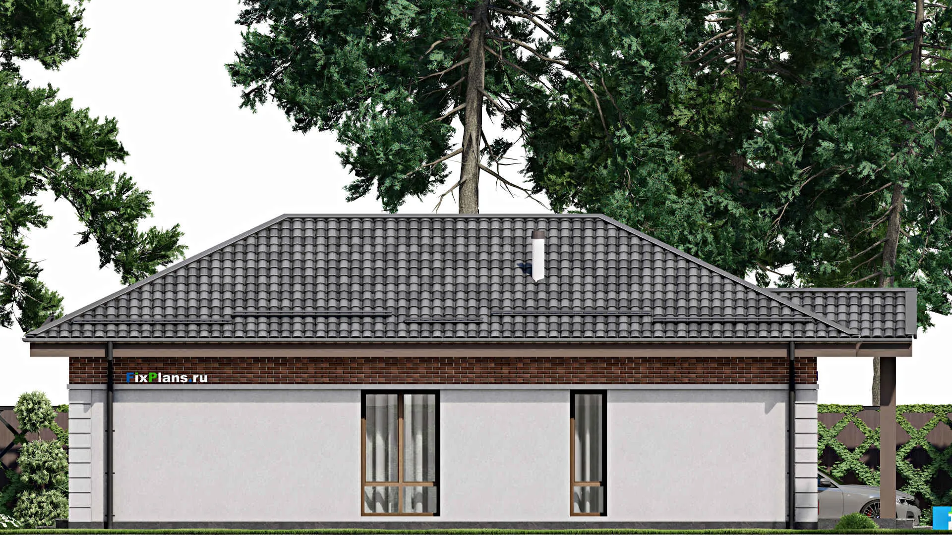 F-7388 - Проект одноэтажного дома 9 на 15, площадью 100 м² с террасой и 2 спальнями