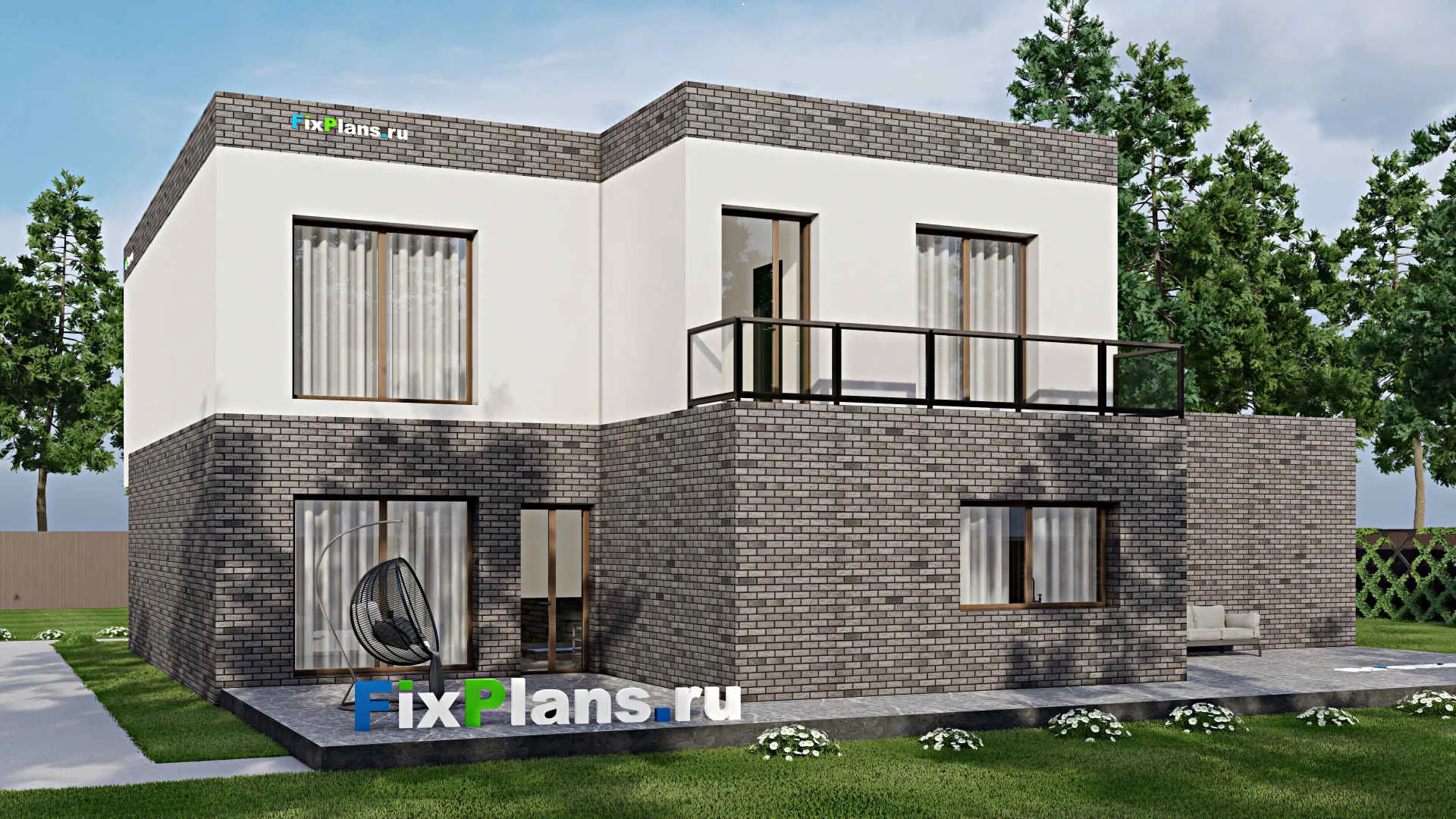 F-6245 - Проект двухэтажного дома 19 на 20, площадью 450 м² с террасой, балконом, гаражом на 2 машины и 5 спальнями