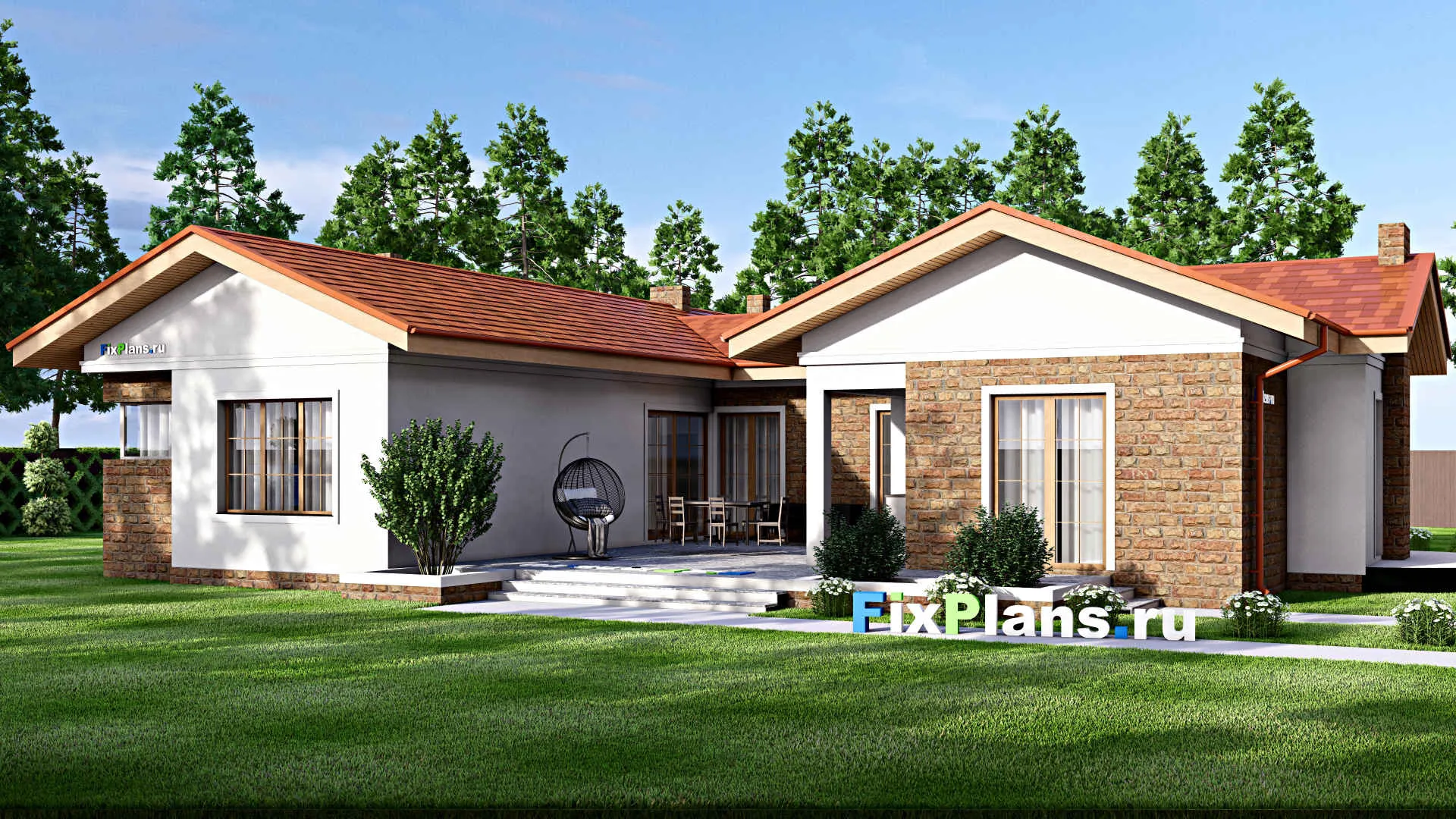 F-15893 - Проект одноэтажного дома 21 на 23, площадью 300 м² с террасой, гаражом на 1 машину и 3 спальнями