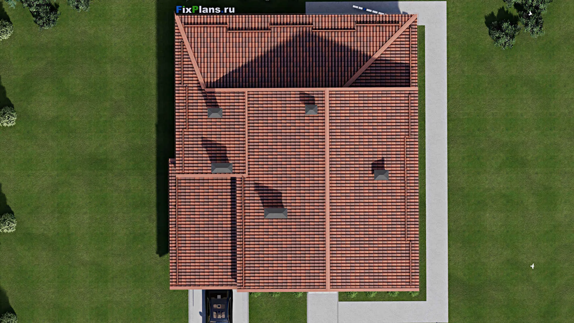 F-9692 - Проект дома с мансардой 16 на 18, площадью 300 м² с террасой, баней, гаражом на 1 машину и 4 спальнями