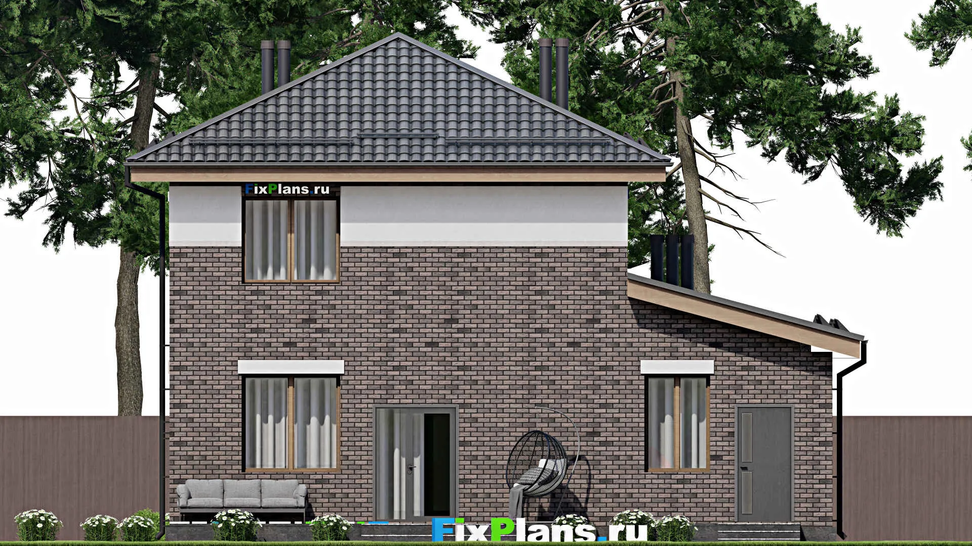 F-8675 - Проект двухэтажного дома 9 на 11, площадью 170 м² с террасой, гаражом на 1 машину и 3 спальнями