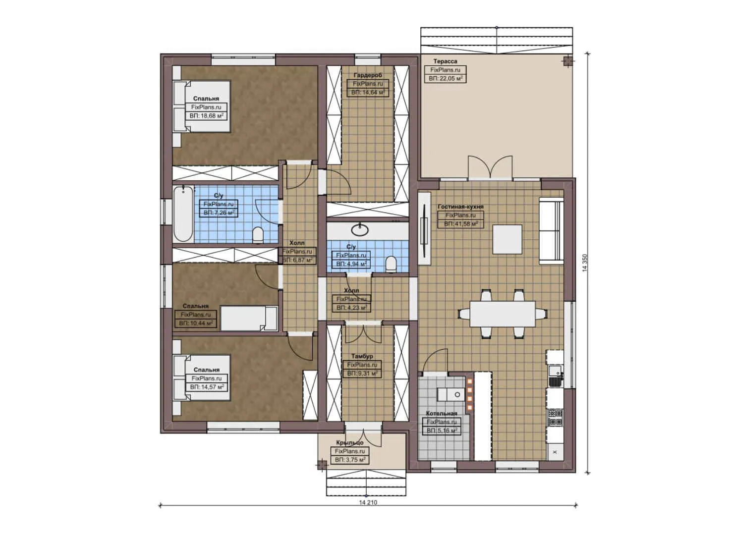 F-7991 - План одноэтажного дома 15 на 15, площадью 170 м² с террасой и 3 спальнями