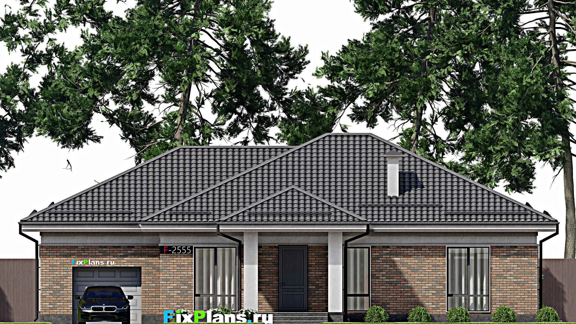 F-2555 - Проект одноэтажного дома 12 на 18, площадью 180 м² с террасой, гаражом на 2 машины и 3 спальнями
