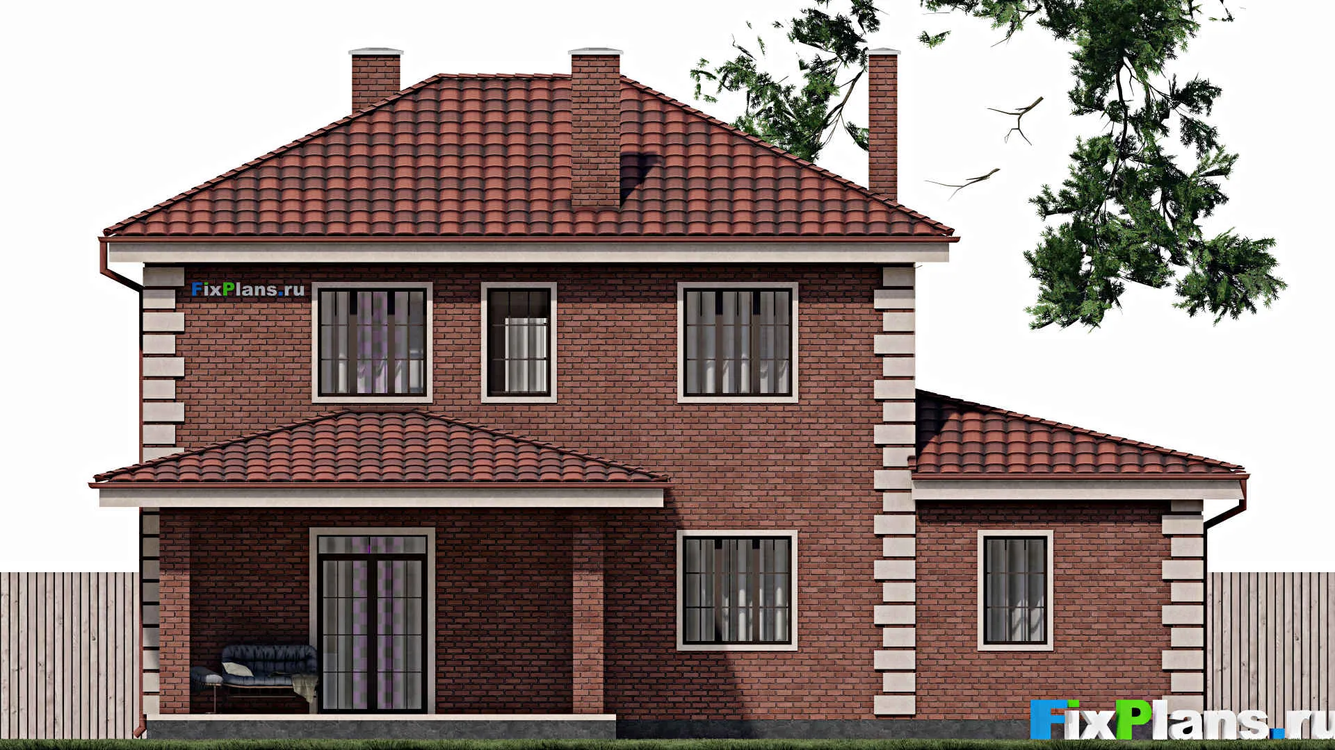 F-0593 - Планы двухэтажного дома 10 на 14, площадью 170 м² с террасой, гаражом на 1 машину и 5 спальнями