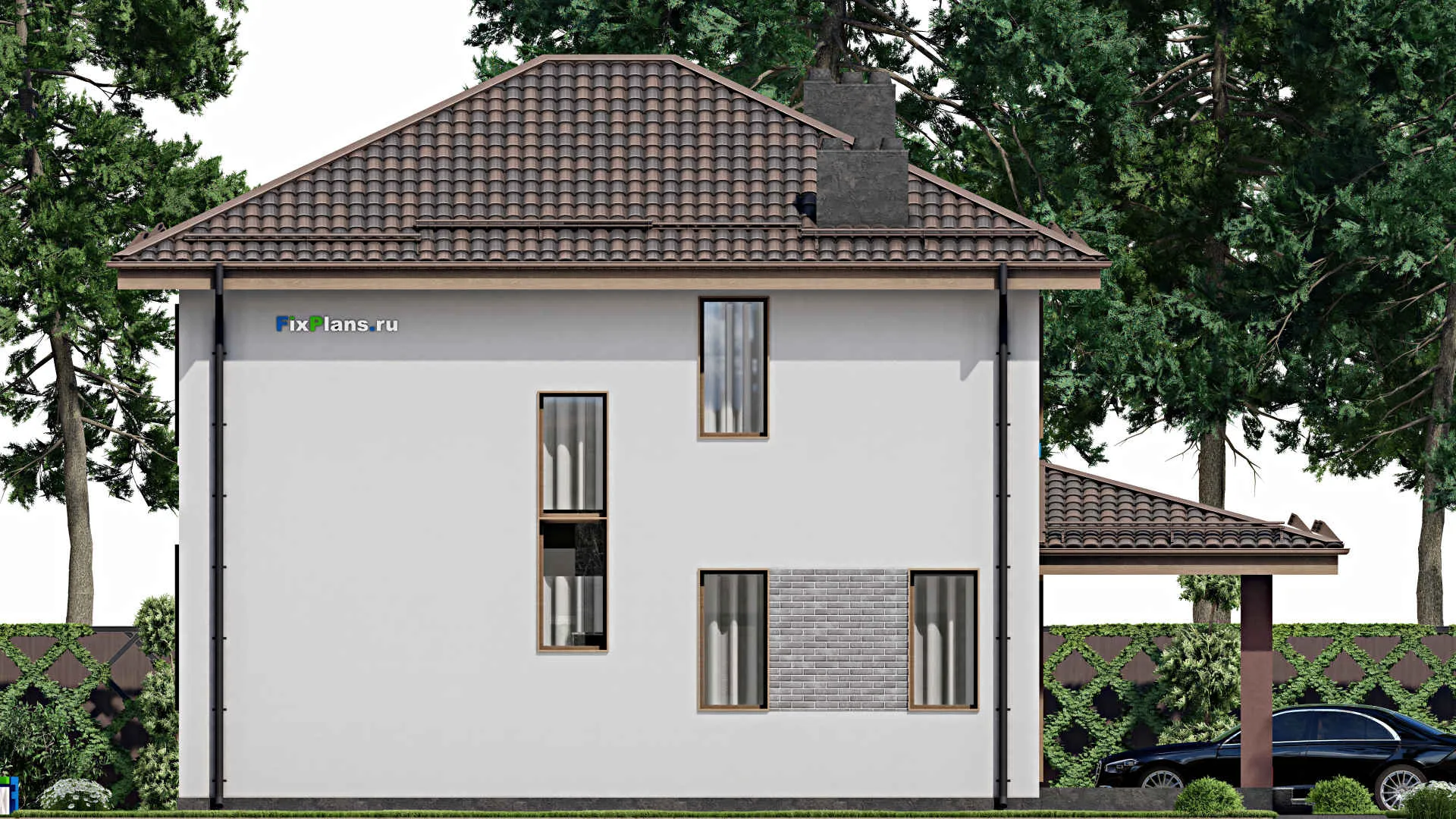 F-7325 - Проект двухэтажного дома 14 на 14, площадью 200 м² с террасой и 4 спальнями