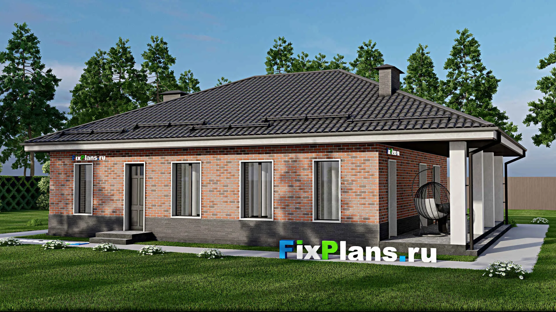 F-5444 - План одноэтажного дома 12 на 13, площадью 140 м² с террасой и 2 спальнями