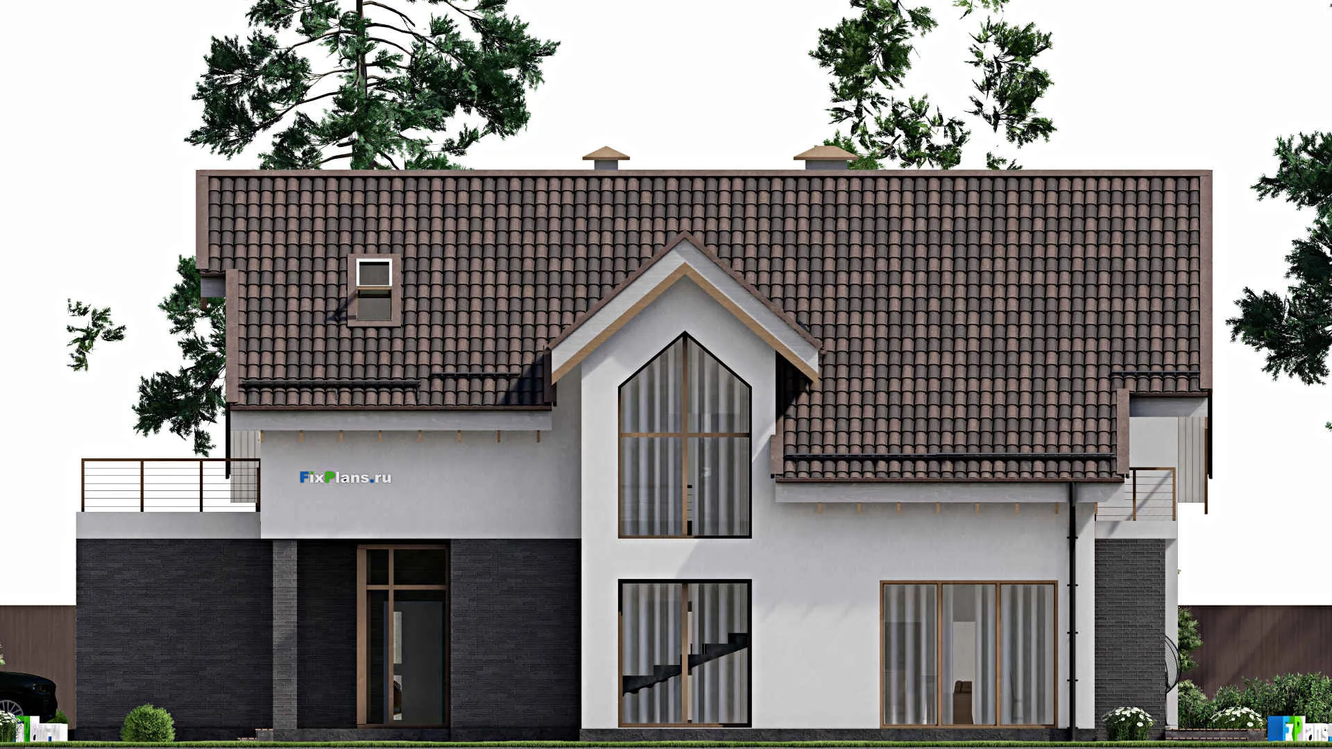 F-5732 - Планы дома с мансардой 11 на 20, площадью 240 м² с террасой, балконом, гаражом на 1 машину и 3 спальнями